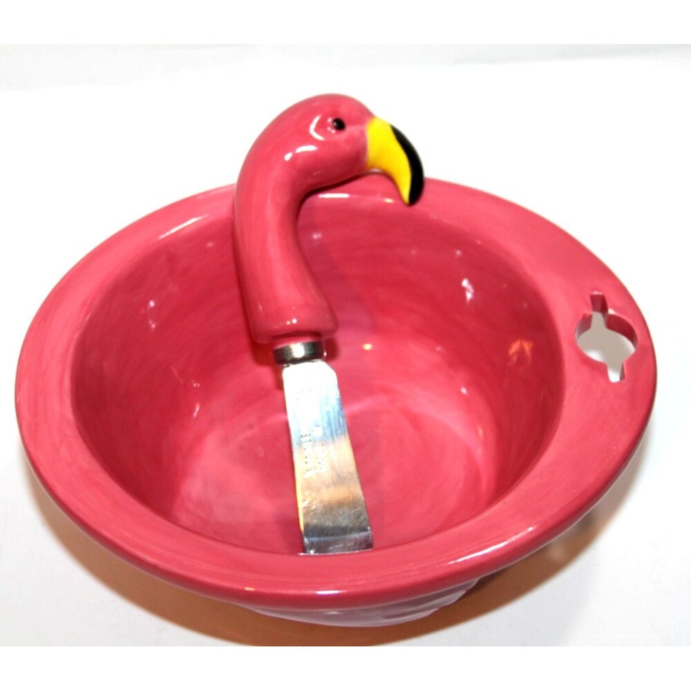 Pink Flamingo Cheese Dish Spreader Ceramic Dip Serving Set 2pcs Kitchen Tropical